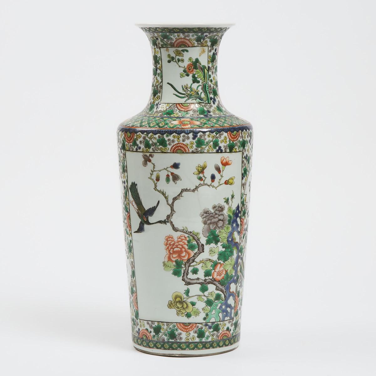 A Chinese Wucai 'Birds and Flowers' Rouleau Vase, 19th Century, 十九世纪 五彩花鸟纹棒槌瓶, height 17 in — 43.2 c - Image 2 of 4