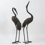 A Pair of Large Meiji-Style Bronze Cranes, tallest height 66.9 in — 170 cm