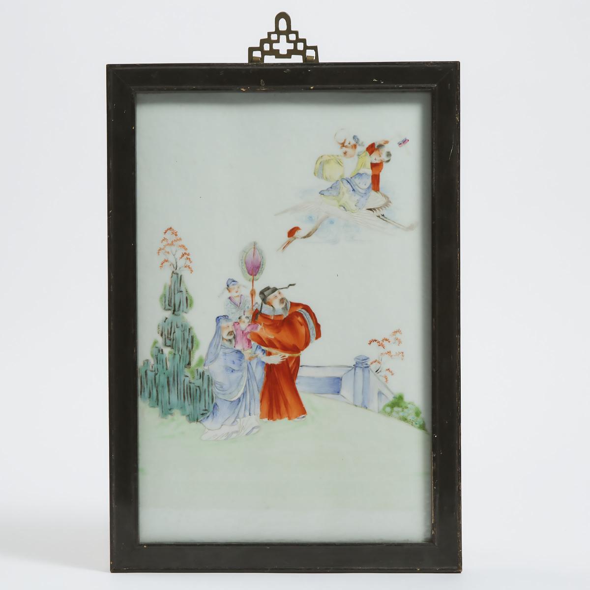 A Famille Rose Porcelain Plaque of Fu Lu Shou, Republican Period, 民国时期 粉彩'福禄寿'三星瓷板, including frame