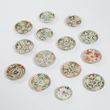 A Group of Fourteen Famille Rose Dishes, Late Qing/Republican Period, 晚清/民国时期 粉彩及矾红小盘一组十四件, largest