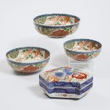 A Set of Three Imari Porcelain Nesting Bowls, Together With an Unusual-Shaped Porcelain Box, Meiji P