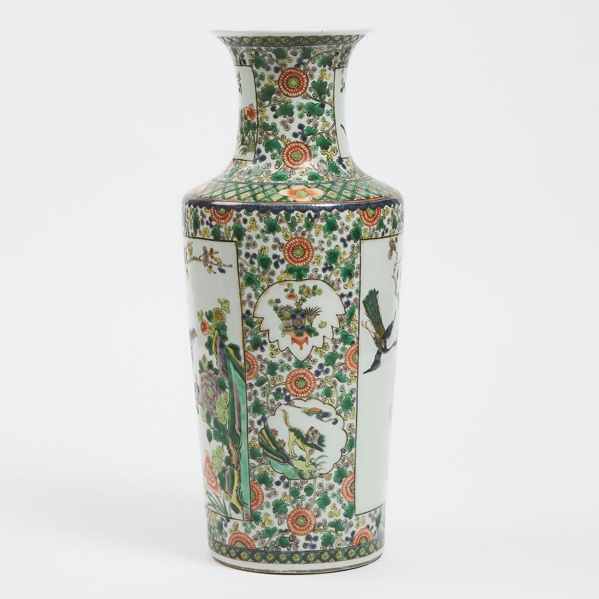 A Chinese Wucai 'Birds and Flowers' Rouleau Vase, 19th Century, 十九世纪 五彩花鸟纹棒槌瓶, height 17 in — 43.2 c - Image 3 of 4