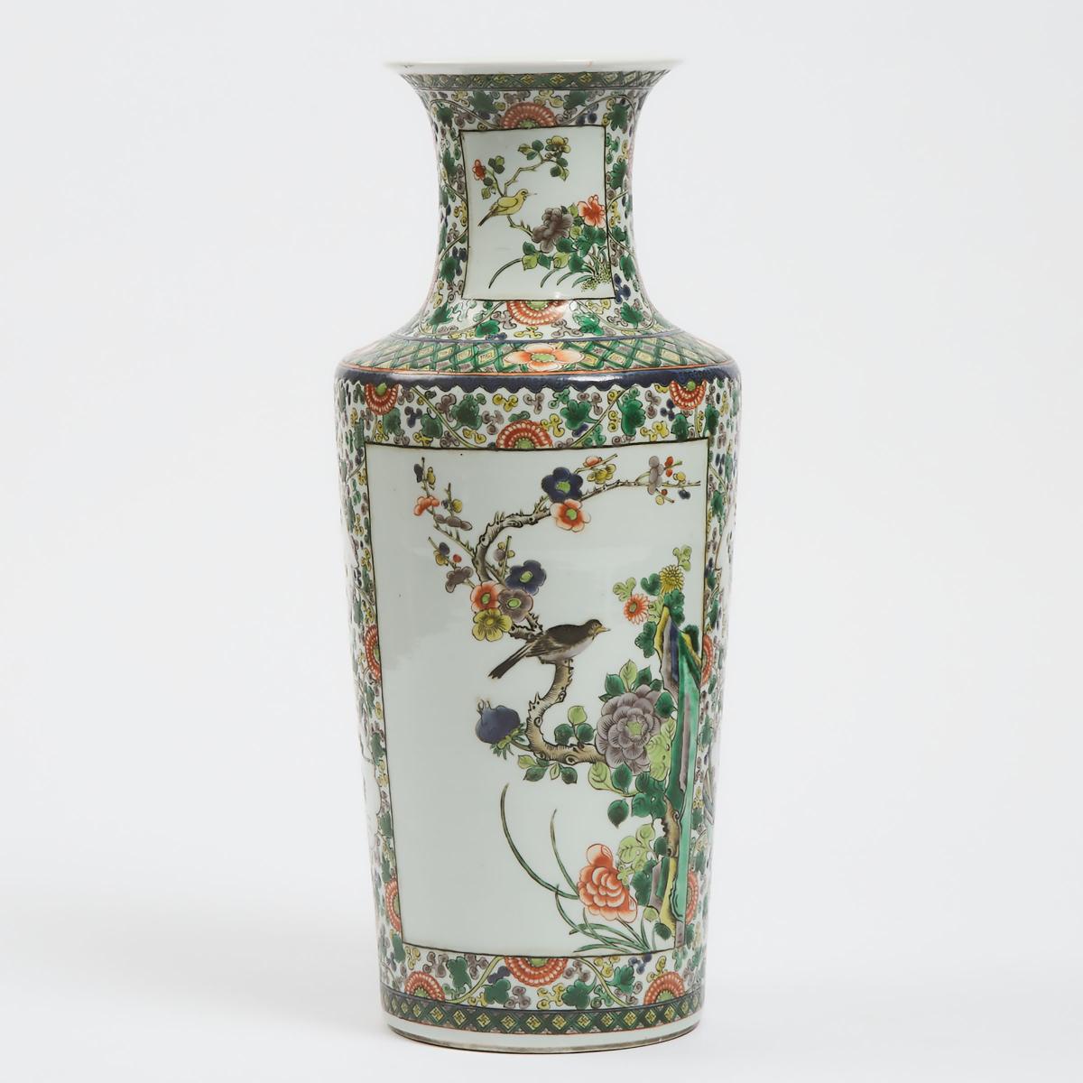 A Chinese Wucai 'Birds and Flowers' Rouleau Vase, 19th Century, 十九世纪 五彩花鸟纹棒槌瓶, height 17 in — 43.2 c