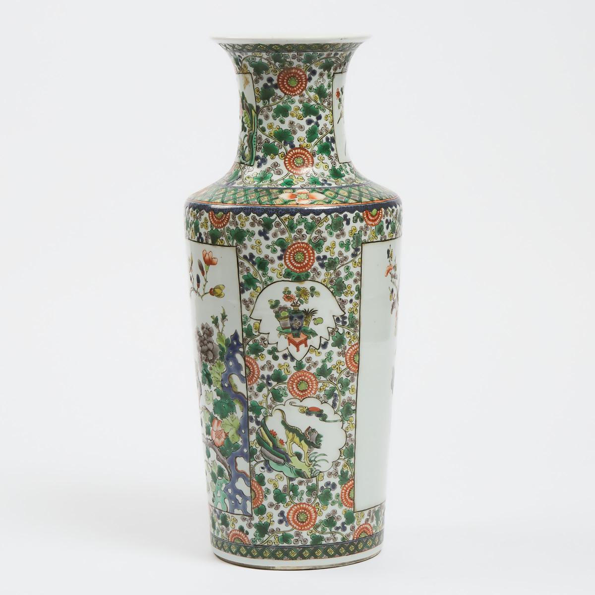 A Chinese Wucai 'Birds and Flowers' Rouleau Vase, 19th Century, 十九世纪 五彩花鸟纹棒槌瓶, height 17 in — 43.2 c - Image 4 of 4