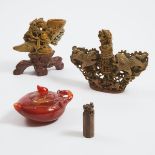 A Group of Three Chinese Soapstone Carvings, Together With a Carnelian Teapot, 寿山石雕摆件及钮章 红玉髓茶壶一组四件,