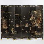 A Chinese Six-Panel 'Palace Courtyard' Screen, 20th Century, 二十世纪 六扇人物庭院花鸟纹屏风, each panel 72.2 x 16