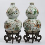 A Pair of Famille Rose Double-Gourd Vases, Mid 20th Century, 建国初期 粉彩刀马人物故事葫芦瓶一对, height 18.9 in — 48