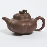 A Yixing Lobed Teapot, Signed Wang Baogen (1902-1954), 汪宝根(1902-1954)款 瓜形诗文紫砂壶, 4.3 x 8 in — 11 x 20