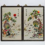 A Pair of Silk Embroidered 'Hundred Birds' Panels, Mid 20th Century, 建国初期 '百鸟朝阳'刺绣挂屏一对, frame 30 x 1
