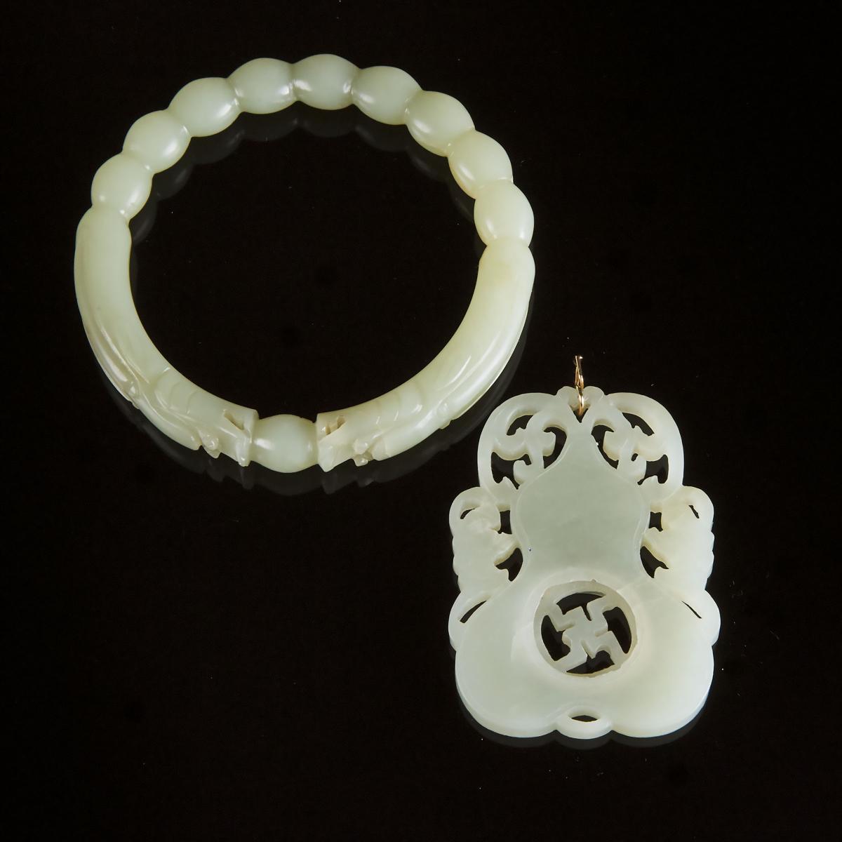 A White Jade Pendant, Together With a Pale Celadon Jade 'Dragon' Bangle, Late Qing Dynasty, 19th/20t - Image 2 of 2