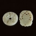 A White Jade 'Chilong' Bi Disc, Together With a White Jade Plaque, 白玉雕螭龙璧 透雕山水佩一组两件, bi disc diamete