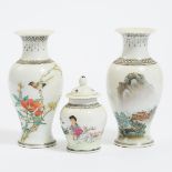 Two Small Grisaille and Enamel Porcelain Vases, Together With a Miniature Lidded Vase, Mid 20th Cent