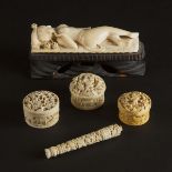 An Ivory 'Doctor's Doll' Figure, Together With Three Chinese Ivory Carved Circular Boxes, One Needle