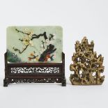 A Chinese Hardstone Inlaid Table Screen, Together With a Soapstone 'Birds and Flowers' Carving, Mid