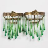 Pair of French Art Deco Gilt Bronze and Green Glass Drop Wall Sconces, c.1925, 10 x 7 x 3.5 in — 25.