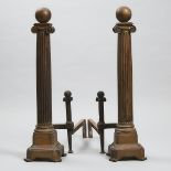 Large Pair of Patinated Bronze Doric Column Form Andirons, 19th century, height 29 in — 73.7 cm