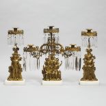 Three Piece American Gilt Brass and Cut Glass Mantle Girandole Garniture, Cornelius & Co., Philadelp