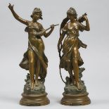 Pair of Art Nouveau Patinated Metal Figures, after Auguste Moureau c.1890, DIANE CHASSEUREUSE & MÉLO