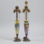 Near Pair of American Art Glass and Gilt Metal Table Lamps, probably Quezal or Durand, early 20th ce