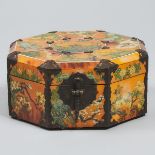 Korean Octagonal Bronze Bound Reverse Painted Ox Horn Veneered (Hwagak 華角) Accessory Box, mid 20th c