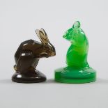 'Lapin' and 'Souris', Lalique Moulded Amber and Green Glass Cachets, c.1930, height 2.2 in — 5.7 cm;