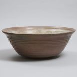 Deichmann Mottled Glazed Stoneware Large Ribbed Bowl, mid-20th century, height 5.7 in — 14.5 cm, dia