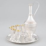 Russian Silver Vodka Carafe, Six Cups and a Circular Tray, 20th century, carafe height 5.2 in — 13.2