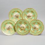 Five Royal Worcester Apple Green Ground Topographical Plates, John Stinton, 1930, diameter 10.4 in —