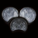 'Chardons', Set of Eight Lalique Moulded and Partly Frosted Glass Crescent Shaped Plates, post-1945,
