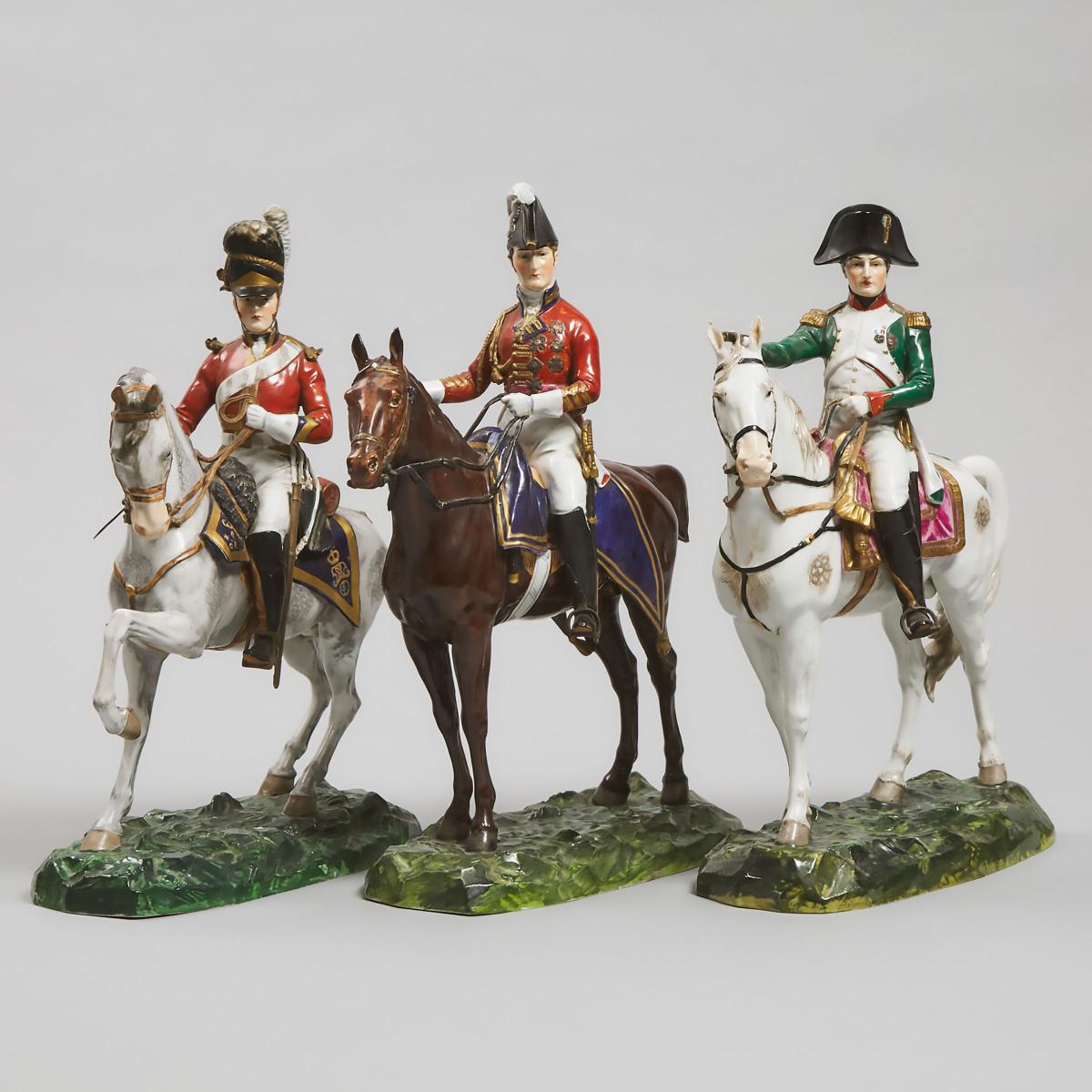 Three Dresden Figures of Horsemen 'Napoleon', 'Duke of Wellington', and 'The Scots Greys', 20th cent