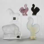Three Lalique Coloured or Opalescent Glass Models of Roosters, a Buffalo, and a Horse, 20th century,