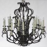 Pair of Large Patinated Wrought Iron 18 Light Chandeliers, mid 20th century, height 46 in — 116.8 cm