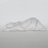 'Zeila', Lalique Moulded and Frosted Glass Creeping Leopard, post-1978, length 8.3 in — 21 cm