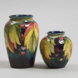 Two Moorcroft Grape and Leaf Vases, 1930s, height 5.8 in — 14.8 cm; height 3.9 in — 10 cm (2 Pieces