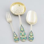 Russian Silver-Gilt and Shaded Cloisonné Enamel Spoon, Fork and Sifting Ladle, Moscow, 1899-1908, la