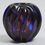 Amethyst and Blue Glass Ribbed Vase, possibly Murano, mid-20th century, height 7.9 in — 20 cm