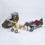 Group of Three Metal and Painted Wood Toy Airplane Riding Toys, early-mid 20th century, largest leng