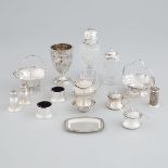 Group of North American, English, Continental and Asian Silver, 20th century, glass caster height 6.