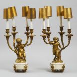 Pair of Louis XV Style Gilt Bronze and White Marble Figural Candelabras, first quarter of the 20th c