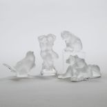 Four Lalique Moulded and Frosted Glass Figurines, post-1978, largest height 5.3 in — 13.5 cm (4 Piec