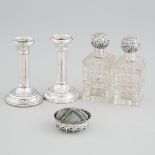 Pair of Victorian Silver Mounted Cut Glass Toilet Water Bottles, Pin Cushion and Later Pair of Candl