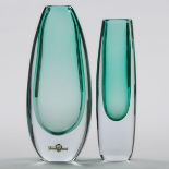 Two Strömbergshyttan Green Sommerso Glass Vases, 20th century, height 8.8 in — 22.3 cm; height 8 in