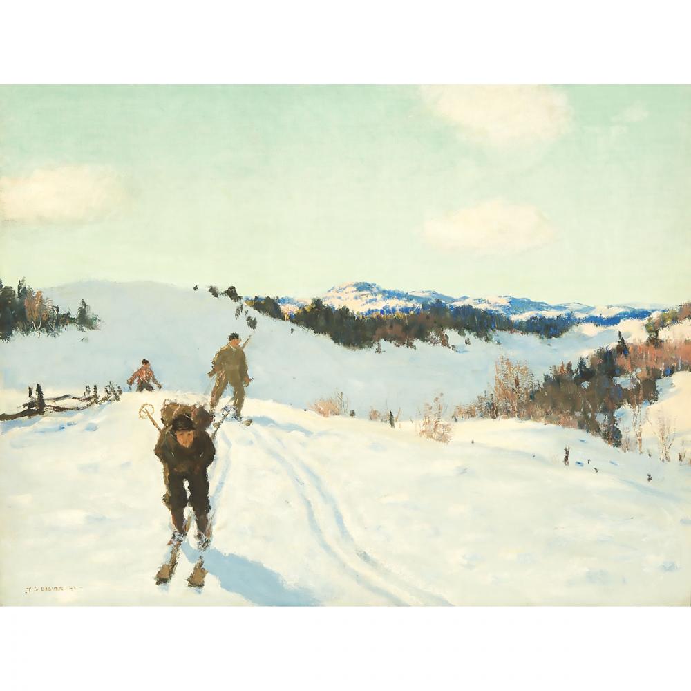 FREDERICK SIMPSON COBURN, R.C.A., CROSS COUNTRY SKIING IN THE LAURENTIENS, 1932, oil on canvas, 20 i