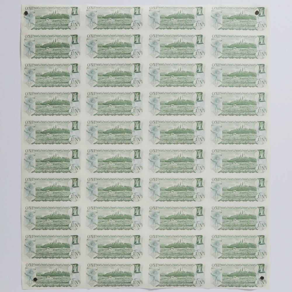 Uncut Sheet of 40 Canadian $1 Bills, c.1989, 27.5 x 24 in — 69.9 x 61 cm - Image 2 of 2