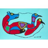 NORVAL H. MORRISSEAU, R.C.A. Anishinaabe (Ojibwe), YOUNG SPIRITS SWIMMING TOGETHER, C.1991, acrylic