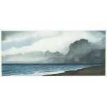 MALCOLM RAINS, THUNDERSTORM MOVING ACROSS LAKE ONTARIO, 1988, watercolour, sight 10 ins x 22 ins; 25