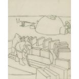 William Kurelek, R.C.A., STUDY FOR IGLOO BUILDING, CIRCA 1975, graphite and green pen on paper, 12 i