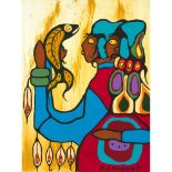 NORVAL H. MORRISSEAU, R.C.A., FISH STORYTELLER, 1980, acrylic on canvas, 40 ins x 30 ins; 101.6 cms