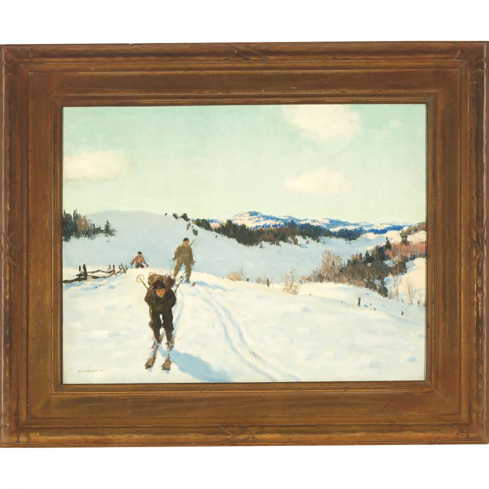 FREDERICK SIMPSON COBURN, R.C.A., CROSS COUNTRY SKIING IN THE LAURENTIENS, 1932, oil on canvas, 20 i - Image 2 of 4