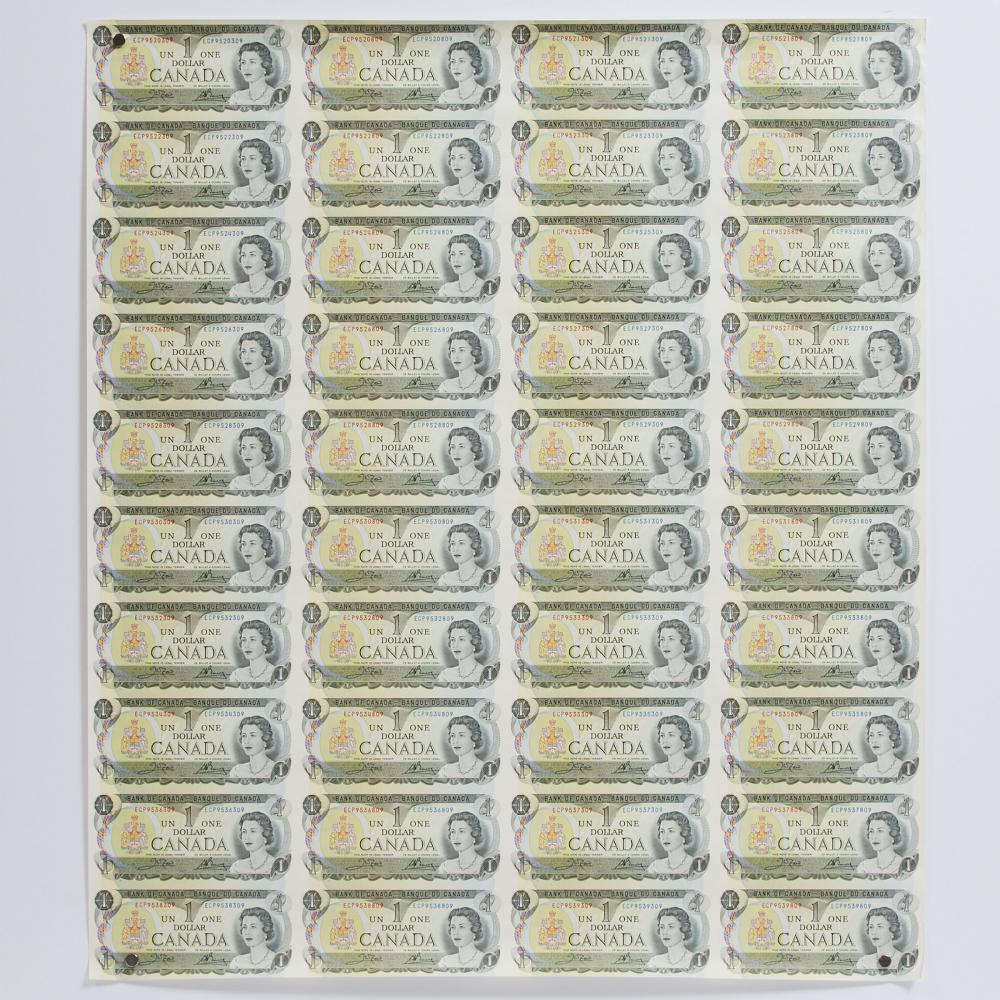 Uncut Sheet of 40 Canadian $1 Bills, c.1989, 27.5 x 24 in — 69.9 x 61 cm